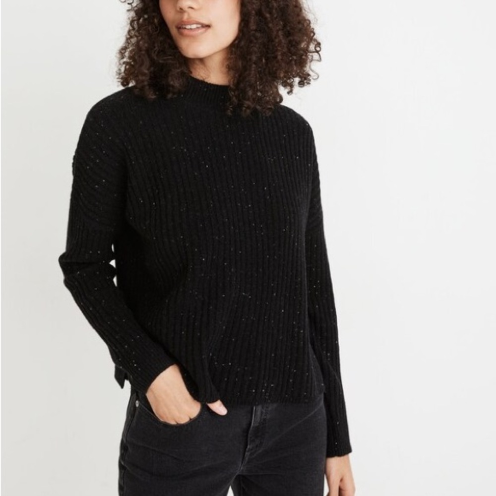 Madewell nwt cashmere mockneck Black Ribbed Sweater donegal fleck